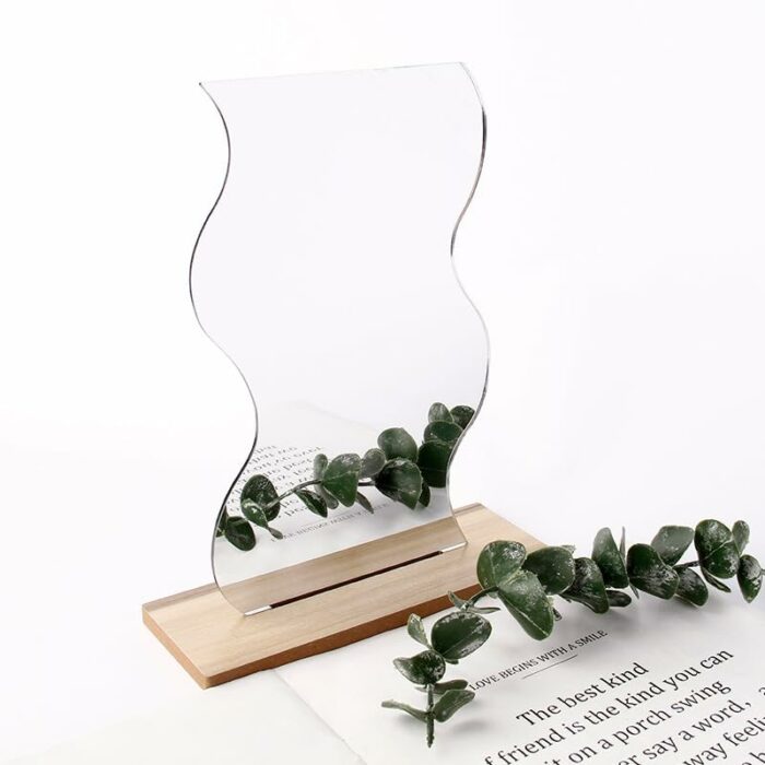Funny live Aesthetic Room Decor Desk Mirror, Irregular Acrylic Mirrors with Wooden Stand for Living Room, Office, Locker, Vanity, Bedroom, Wall E