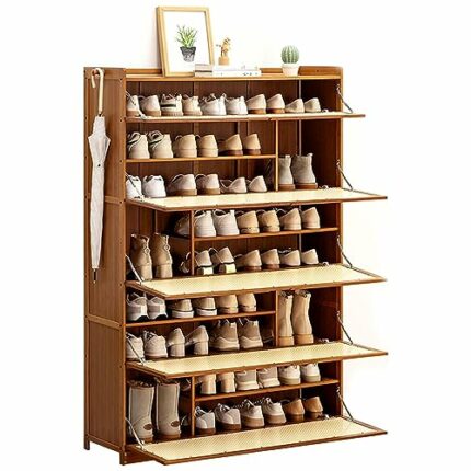 N/A Rattan Shoe Cabinet, Bamboo Free Standing Shoe Rack Organizer Cabinet for Entryway, with Flip-up Doors, for Living Room, Hallway, Entrance, a