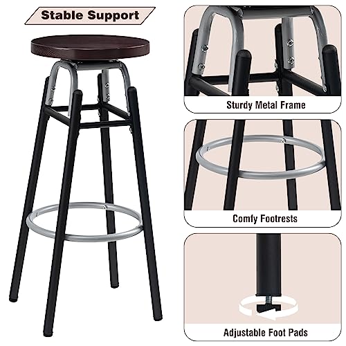 LAVIEVERT Bar Stools Set of 2, Swivel Round BarStools, Industurial Counter Stools Bar Chairs with Metal Footrest & Wood Seat for Kitchen, Dining