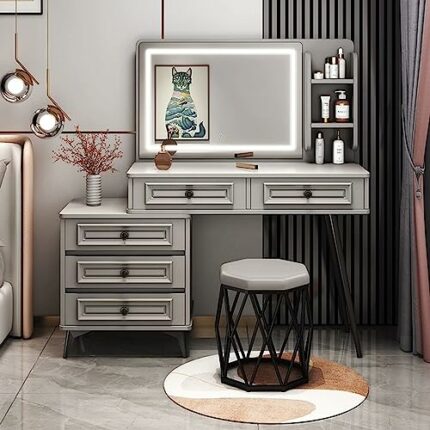 HAWEWE Vanity Desk With Mirror And Lights Makeup Vanity With 3 Lighting Colors Dressing Table With Open Shelves & Storage Drawers For Bedroom (Si