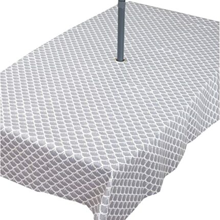 PVC Wipe Clean Garden Tablecloth With Rust Proof Stainless Steel Parasol Hole Grey Gold Silver Fantail