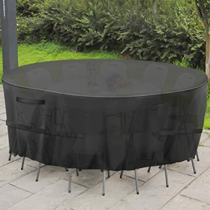 GARPROVM Garden Furniture Covers,Round Garden Table Cover 600D Heavy Duty Oxford Fabric Patio Outdoor Circular Table Cover Waterproof,Windproof &