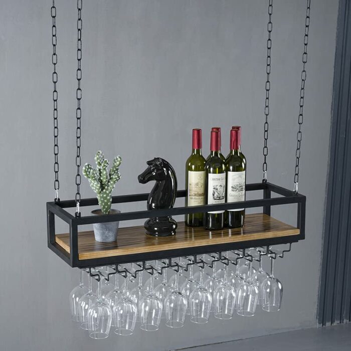 RZGY Hanging Wine Rack with Glass Holder, 2 Tier 31.5in Ceiling Mounted Wine Rack Adjustable Industrial Hanging Wine Bottle Holder, Ceiling Decor