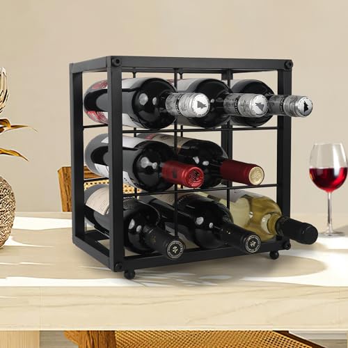 OFILLES Black 9 Bottles Metal Wine Racks, Tabletop Freestanding Wine Bottle Holder, Countertop Wine Rack for Wine Bottle Storage, Pantry, Kitchen