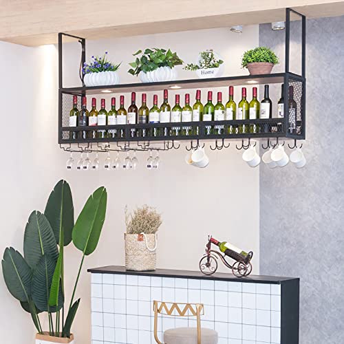 Ceiling Mounted Wine Rack with Glass Holder, Industrial Metal Wine Shelf Champagne Glass Goblets Bottle Holder Hanging Floating Wine Shelf for Ki