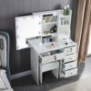 Saihemei Makeup Dressing Table with Sliding Mirror and Lights, 3 Color Modes Vanity Set with Storage Shelves and Chair, Makeup Table with Chargin