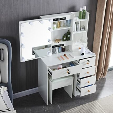Dradaomull Modern Vanity Desk Set, Makeup Dressing Table with Hollywood Mirror and 3 Lighting Modes, Brightness Adjustable Dresser with Stool for