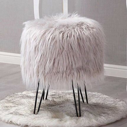 simpleness Faux Fur Vanity Stool Ottoman, Fluffy Stools for Dressing Table With Golden Metal Legs, Extra Seat for Living Room Bedroom Decorative