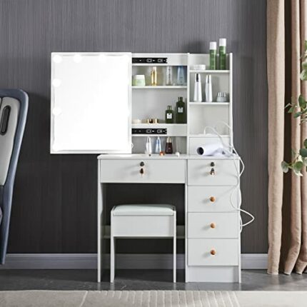 Saihemei Makeup Dressing Table with Charging Station and Sliding Mirror, 3 Lighting Modes Vanity Set with Cushioned Stool and Storage Drawers for