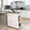 DINGZZ Rolling Kitchen Island Storage Trolley Cart With 3-Tier Spice Rack & Rubber Wood Top For Dining Room White