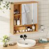FORABAMB Medicine Cabinet with Mirror, Bathroom Vanity Mirror Cabinets Wall Mounted with Storage Shelves, Bamboo Hanging Wall Cabinet with Door a