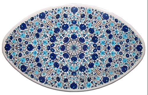 Gifts And Artefacts 36 x 60 Inches Royal Look Restaurant Table Top Inlaid with Nature Art White Marble Eye Shape Dinner Table for Home Furniture