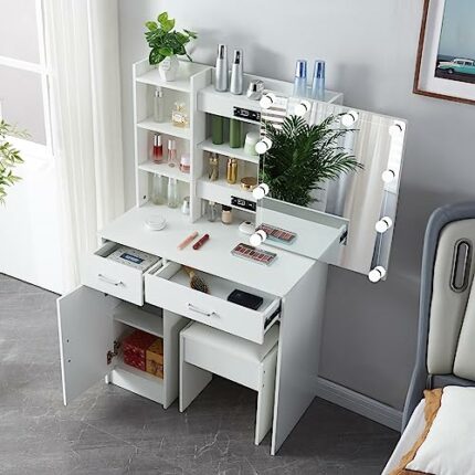 Caulitar White Vanity Desk with Mirror and Lights, Makeup Vanity Set with Drawers and Stool, Vanity Table for Girls