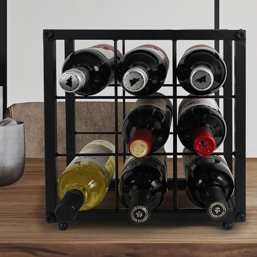 OFILLES Black 9 Bottles Metal Wine Racks, Tabletop Freestanding Wine Bottle Holder, Countertop Wine Rack for Wine Bottle Storage, Pantry, Kitchen