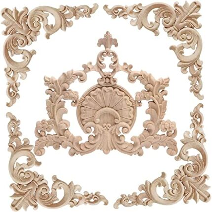 LXYUUM 5PCS Wood Appliques Onlays Decorative for Furniture Wood Carved Onlay for Bed Door Cabinet Wardrobe Furniture Long Decoration Unpainted Wo