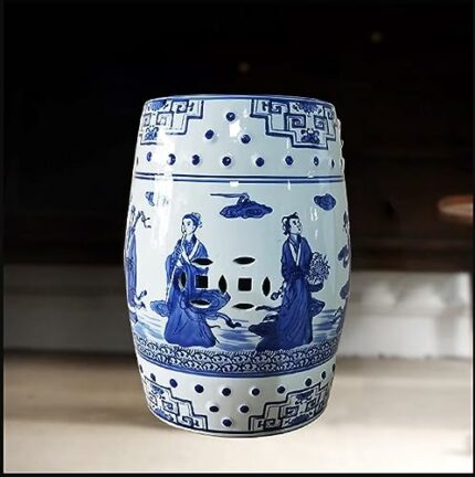 Qvo Hand Painted New Chinese Blue And White Porcelain Stool Ceramic Stool Pier Drum Stool Dressing Stool Movable Sofa Corner Table 45x33cm(Color: