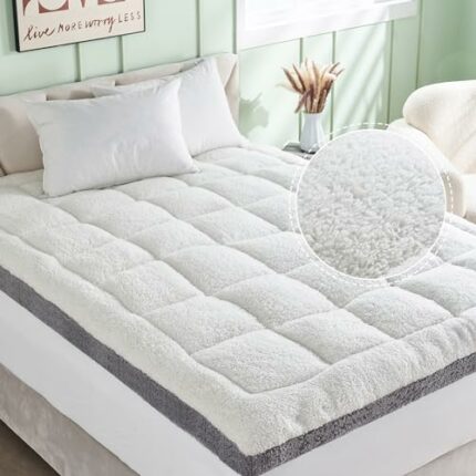 Twin XL Mattress Topper, Cymula Sherpa Mattress Pad for College Dorm Bed 2inch Extra Thick Mattress Cover with 900GSM Down Alternative Soft Plush