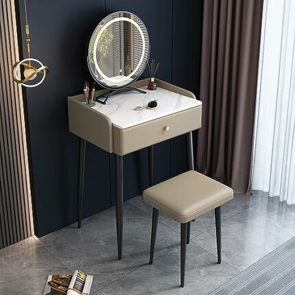 HAWEWE Makeup Vanity Desk With Round Mirror And Lights Makeup Table 3 Lighting Modes Dressing Table With Drawer Storage For Bedroom Studio (Color