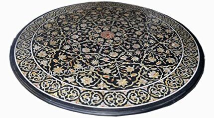 Gifts And Artefacts 48 x 48 Inches Round Shape Black Marble Dining Table Top Mother of Pearl Inlay Work Center Table for Home Furniture Decor
