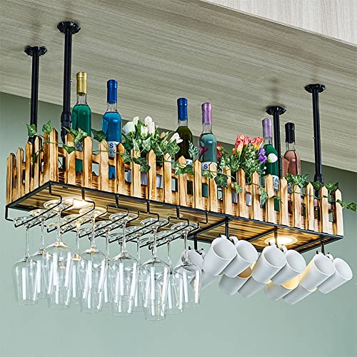 Rustic Hanging Wine Rack with Glass Holder and Shelf, Adjustable Ceiling Bar Wine Glass Rack with Lights, Iron Bottle Holder Wine Shelf
