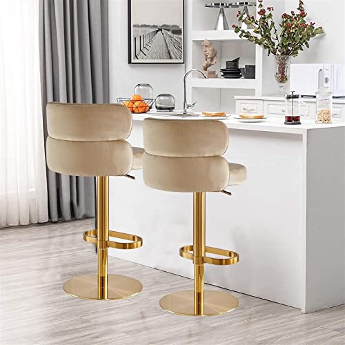 ADEADE Khaki Velvet Swivel Adjustable Barstool Set of 2 Kitchen Island Height Bar Chairs with Back Pub Counter Height Bar Stools with Footrest fo