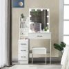 Dradaomull Makeup Vanity with Lights, Modern Vanity Desk with Chair, 4 Large Drawers Dresser with Sliding Mirror, 3 Lighting Modes and Brightness