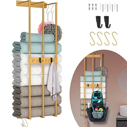 Wall Towel Rack for Rolled Towels - Wall Mount Towel Rack Holder and Organizer with 6 Hooks, New Upgrade 3 Bar Towel Racks for Bathroom Wall Moun