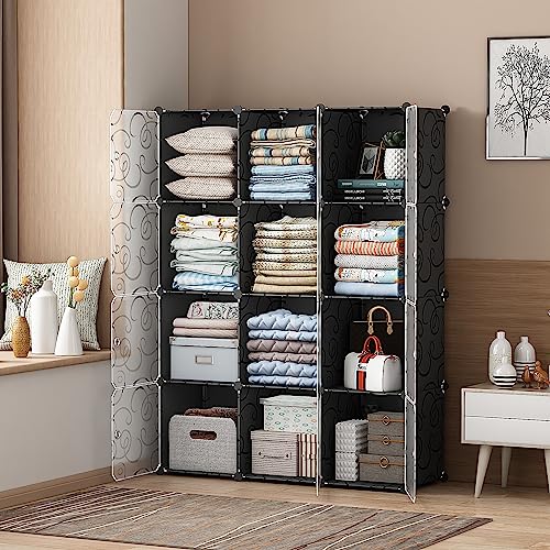 Portable Closet Wardrobe, 12 Cube Storage Organizer with Doors, Cube Closet Organizer with Doors, Modular Storage Shelves, Plastic Cubes Cabinet