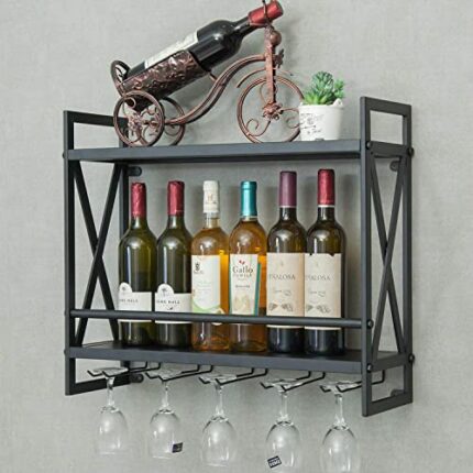 Industrial Wine Rack 14 Bottles Wall-Mounted Wine Cabinet with 5 Glasses Holder Metal Wine Storage Shelf Multi-Function Display Rack for Home Bar