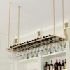EYLINK Hanging Wine Rack From Ceiling， Modern Metal Wine Bottle Holder Wall Mounted Champagne Glass Goblets Stemware Rack Storage Shelf Gold Disp
