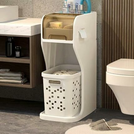 Slim Bathroom Storage Corner Floor Cabinet with Drawers and Dirty Clothes Basket, Bathroom Storage Organizer, Narrow Bathroom Toilet Paper Dispen