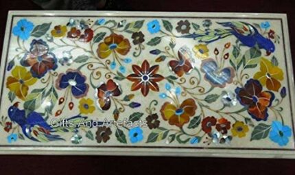 Gifts And Artefacts 24 x 48 Inches Inlaid with Semi Precious Gemstone Dining Table Top Rectangle Shape White Marble Kitchen Table for Home Furnit