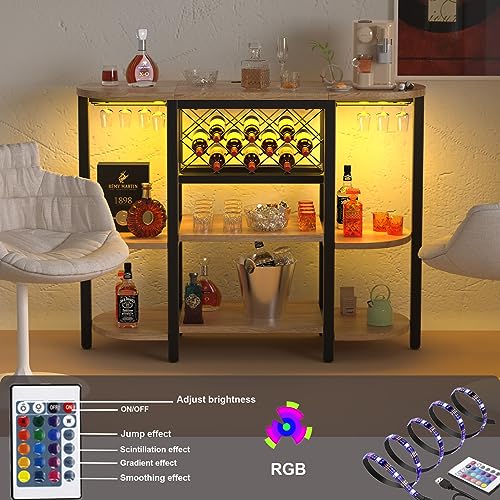Bar Cabinet, Wine Racks Free Standing Floor with Outlet, Coffee Bar Cabinet with RGB LED Light, Mini Bar Table with Glass Holders, Bottles Wine S