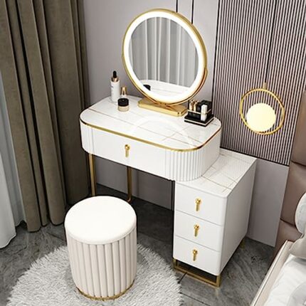 HAWEWE Vanity Desk 3-Color LED Light Mirror Modern Makeup Vanity Set With Nightstand Stool Dressing Table For Girls Women For Bedroom Bathroom (S
