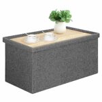 Bonlife Large Grey Foldable Ottoman Bench with Coffee Table,Linen Toys Chest with Lid,Footstool for Living Room,Support 250KG,76x38x38CM