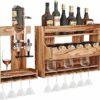 ybaymy Industrial Wine Rack 2-Tiers Wall Mounted Bar Shelves Home Wine Storage Racks with 5 Glasses Holder Hanging Rustic Wine Holder Wine Displa