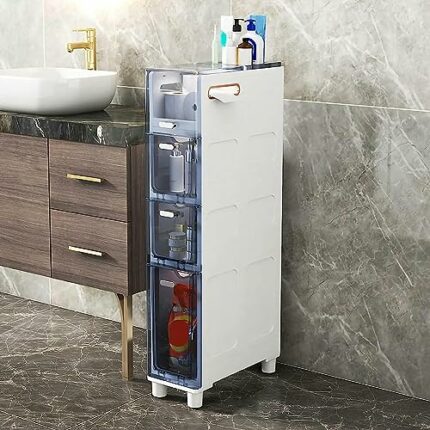 5-Tier Narrow Bathroom Floor Cabinet, Slim Toilet Storage Cabinet Storage Tower with Clear Drawers and Casters, Sturdy Narrow Dresser Tower for B