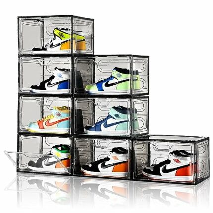 Amllas New Gray 8 Pack Shoe Boxes Stackable, Large Shoe Storage Organizer with Lids,Drop Side Shoe Containers for Entryway,Sneaker Storage Fit up