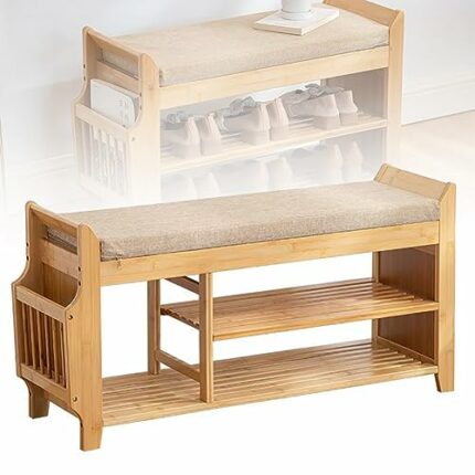 VACSAX Natural Bamboo Shoe Storage Rack Bench, with 2-Tier Cushion Seat Living Room Shoe, Shoe Rack Bench, Wooden Shoe Rack, for Entryway, Hallwa