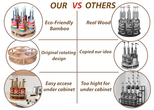 PASAR Bottle Lazy Susan Rotating Bamboo Bottle Holder Wine Rack Organizer for Wine Syrup Sauce 7 Bottle Kitchen Storage Countertop Tabletop for B