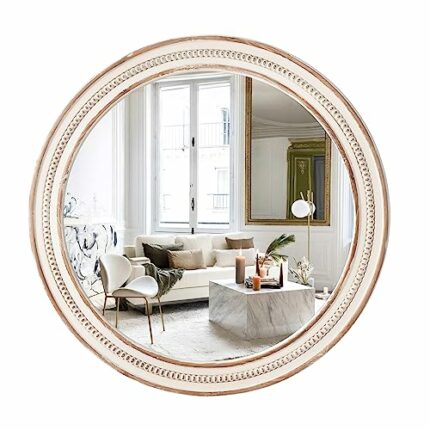 sawsile 24" Round Farmhouse Mirror for Wall Decor,Rustic Decorative Wood Wall Mirrors,Circle Boho Beads White&Nature Mirror for Bathroom, Entrywa
