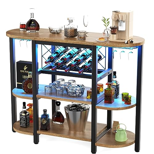 Bar Cabinet, Wine Racks Free Standing Floor with Outlet, Coffee Bar Cabinet with RGB LED Light, Mini Bar Table with Glass Holders, Bottles Wine S