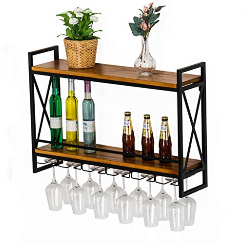 EYLINK Vintage Wine Rack Wall Shelf for Bar Kitchen, Wall-mounted 2-Tiers Wall Wine Bottle Rack and Wine Glass Rack, Metal and Wood Rustic Floati