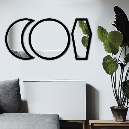 Auidy_6TXD 3 Pack Gothic Wall Decor Mirror for Home, 15.7Inch Goth Coffin Moon Bedroom Decor, Gothic Decorative Mirror Wall Hanging Decor for Hom