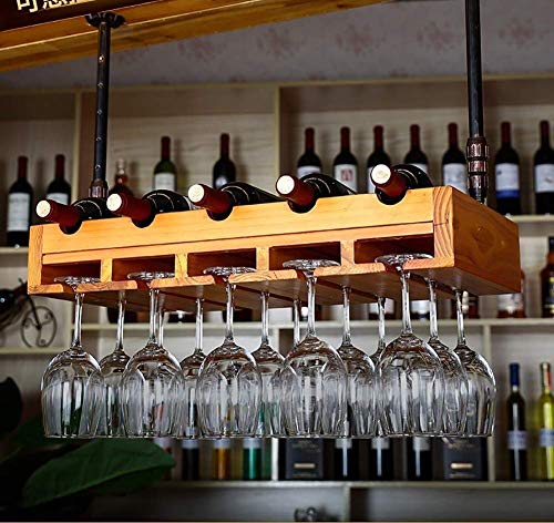 Solid Wood Hanging 5 Bottles Wine Rack Display Stand with 5 Wine Glass Card Slot, Adjustable Boom, Chestnut Color Modern Minimalist Design for Wi