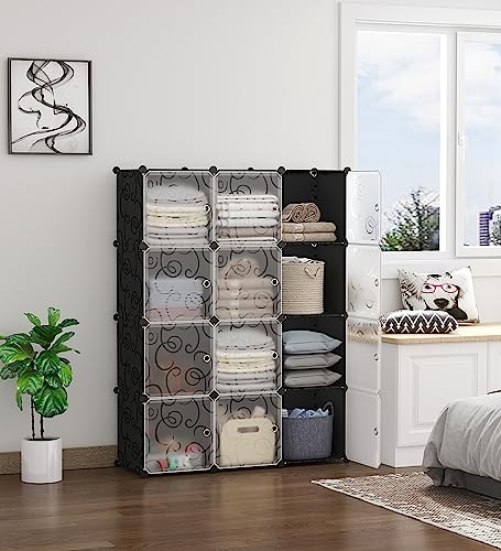 Portable Closet Wardrobe, 12 Cube Storage Organizer with Doors, Cube Closet Organizer with Doors, Modular Storage Shelves, Plastic Cubes Cabinet