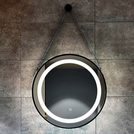 round Bathroom Mirror with Illuminated Led White Light Iron Frame with Sling and Demister Pad Touch Sensor Makeup 2 Colors,Size: Φ60/70Cm, Blacka