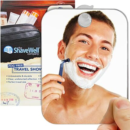 Shave Well Fog Free Travel Shower Mirror - Fogless Shaving and Makeup Bathroom Mirror for Men and Women - Removable Wall Suction - Portable, Hand