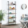 5 Tier Industrial Ladder Shelf, Wood Modern Bookshelf with Metal Frame, Wall-Mounted Plant Flower Storage Organizer for Living Room, Bathroom, Ki