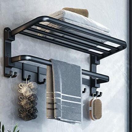 plainshe Towel Rail with Shelf: Wall Mounted Drill/Adhesive 2 Tier 59cm Aluminum Foldable Bath Towel Rack Non Drill Towel Holder Bathroom Shelf T